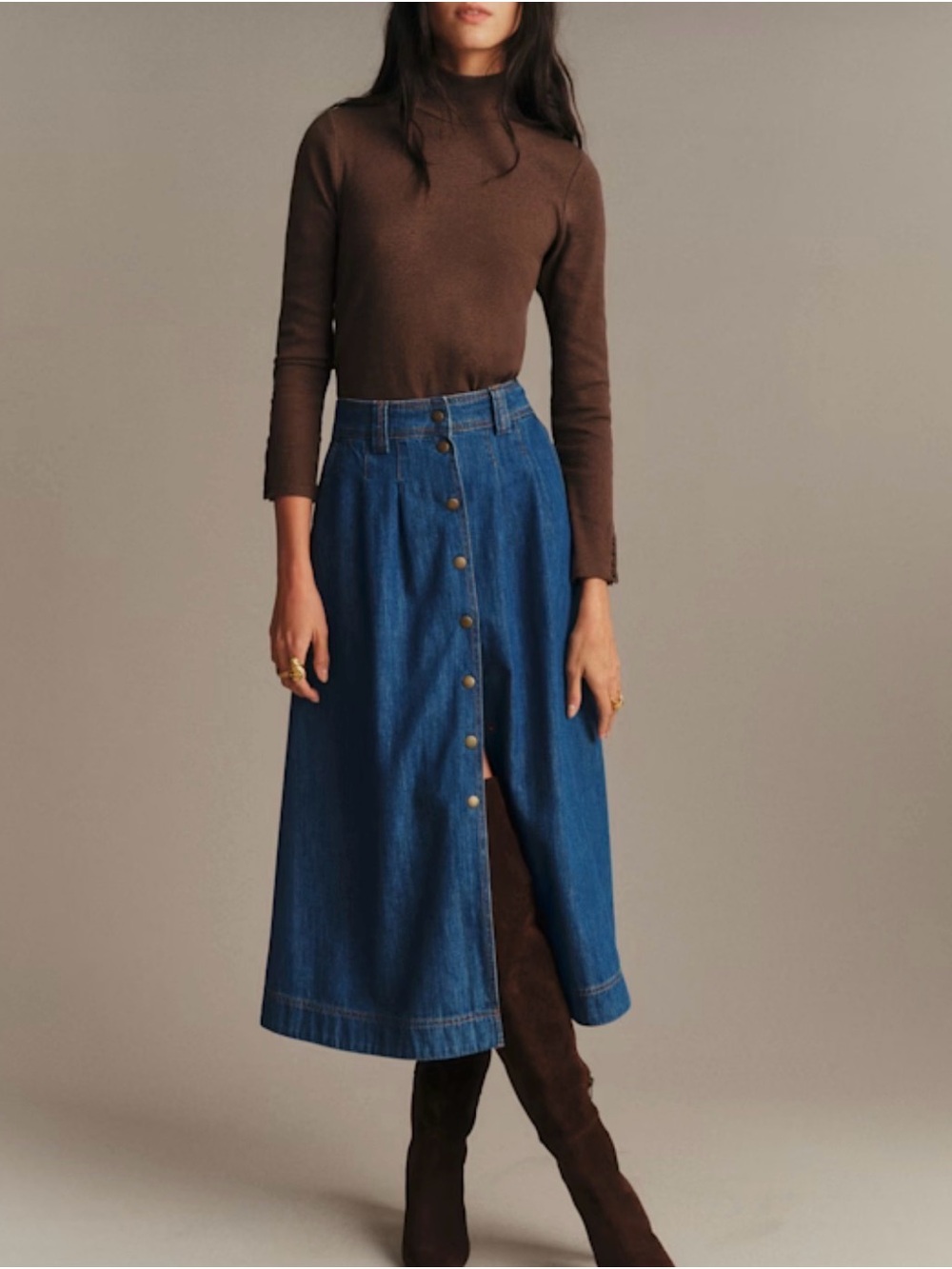 Sezane Button-Front Denim Midi Skirt in Blue